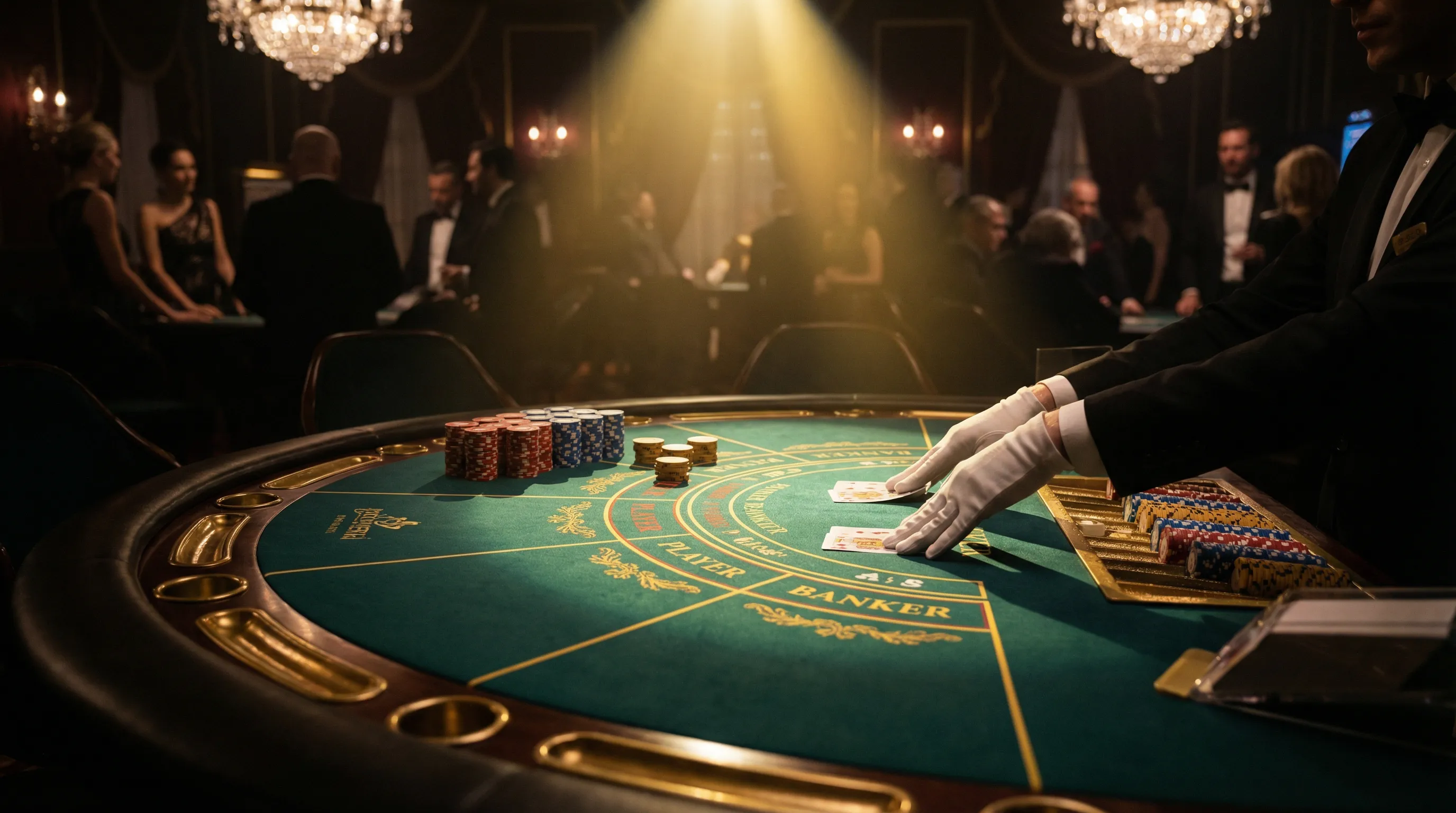 Mesa de bacará sofisticada com cartas sendo distribuídas